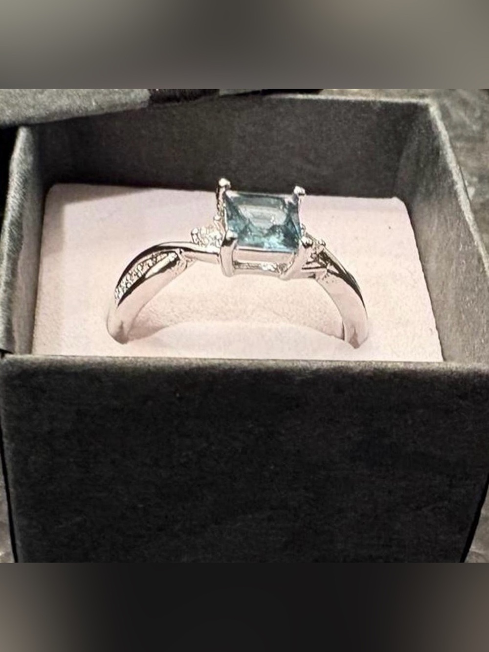 Silver Plated Ring with Light Blue Princess-Cut Stone~~Size 9